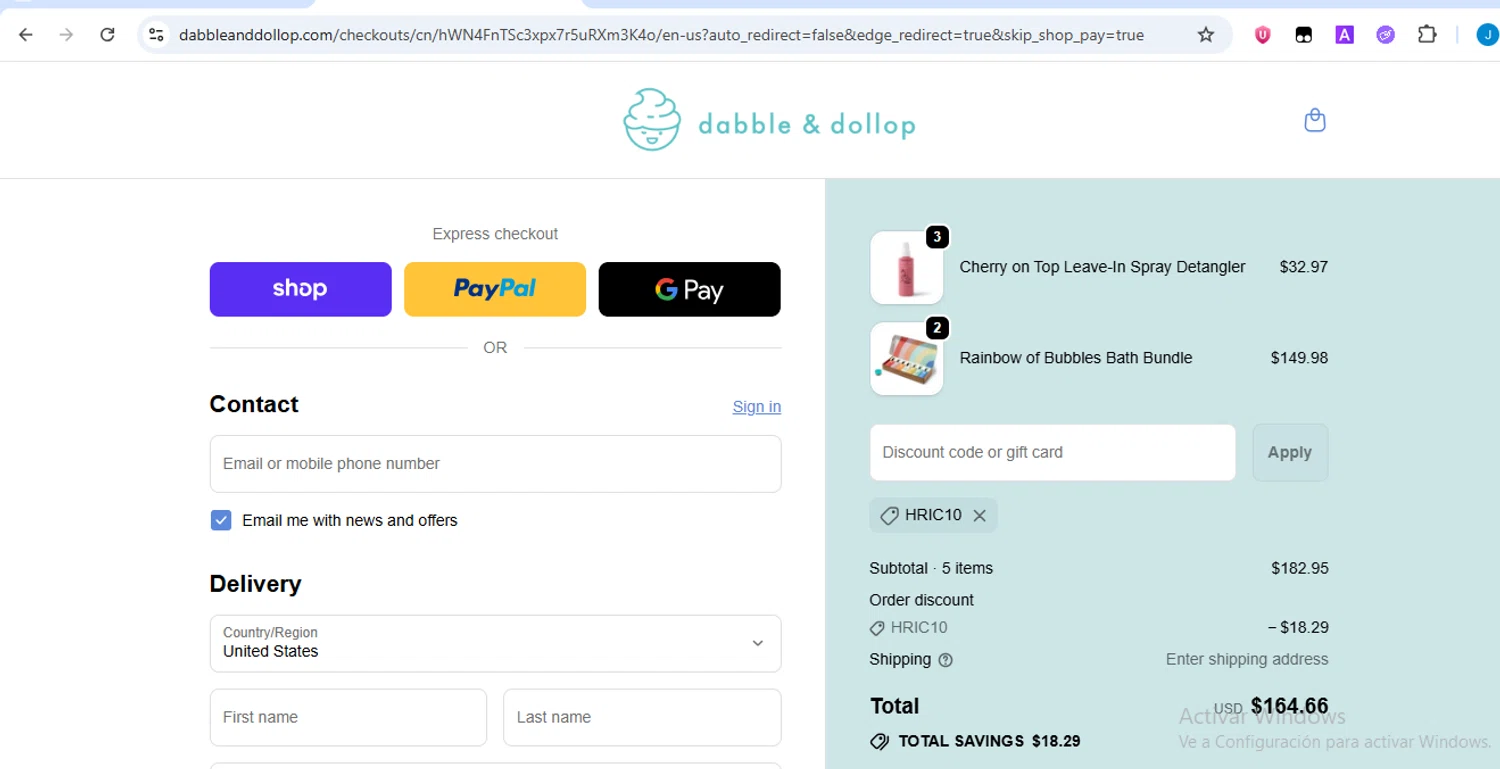 Dabble & Dollop promo code screenshot showing code HRIC10 applied at Dabble & Dollop checkout page. Uploaded by SimplyCodes community member yhlmdlgn on Oct 27, 2025