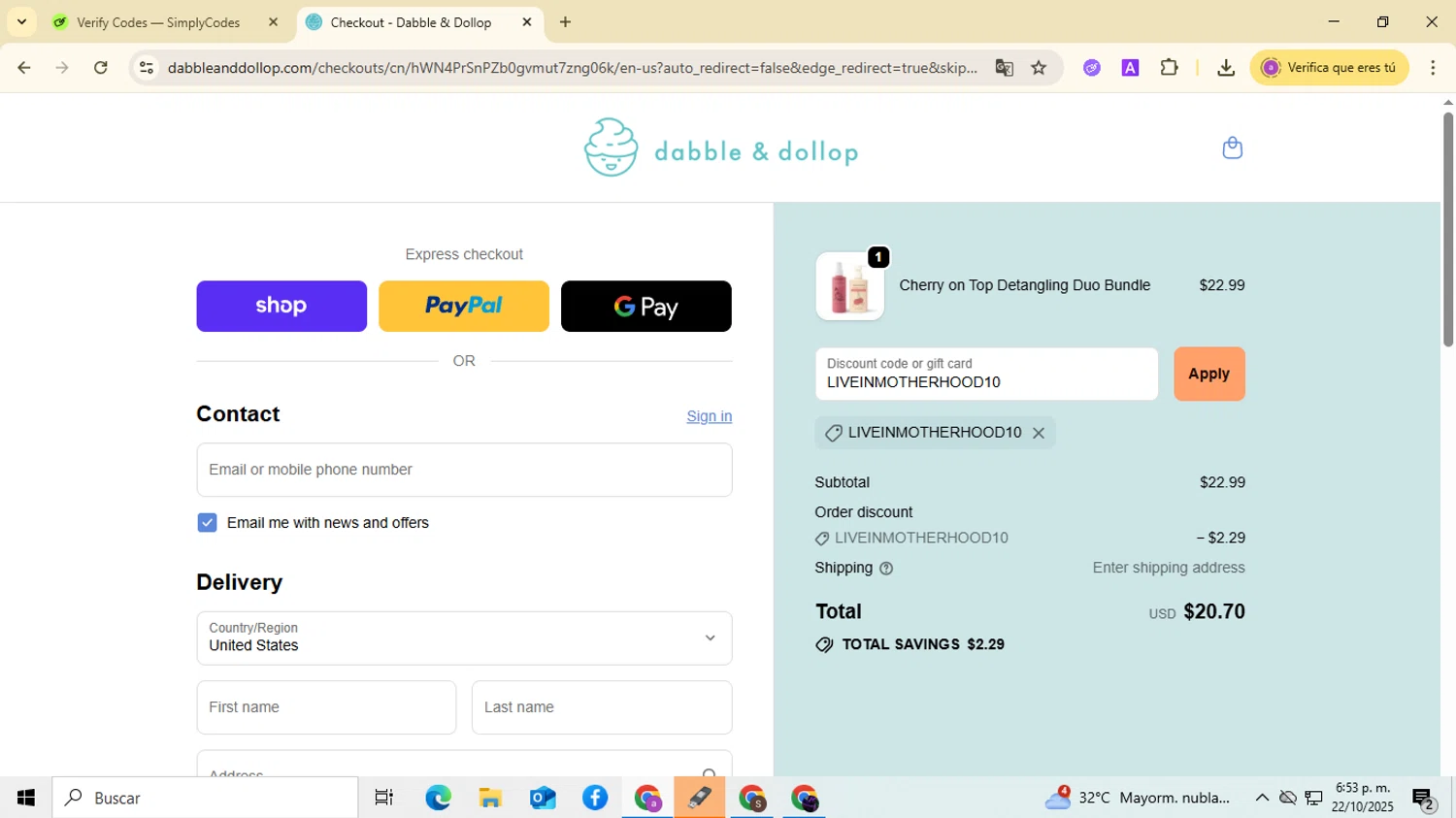 Dabble & Dollop promo code screenshot showing code LIVEINMOTHERHOOD10 applied at Dabble & Dollop checkout page. Uploaded by SimplyCodes community member CodeMaverick246 on Oct 22, 2025