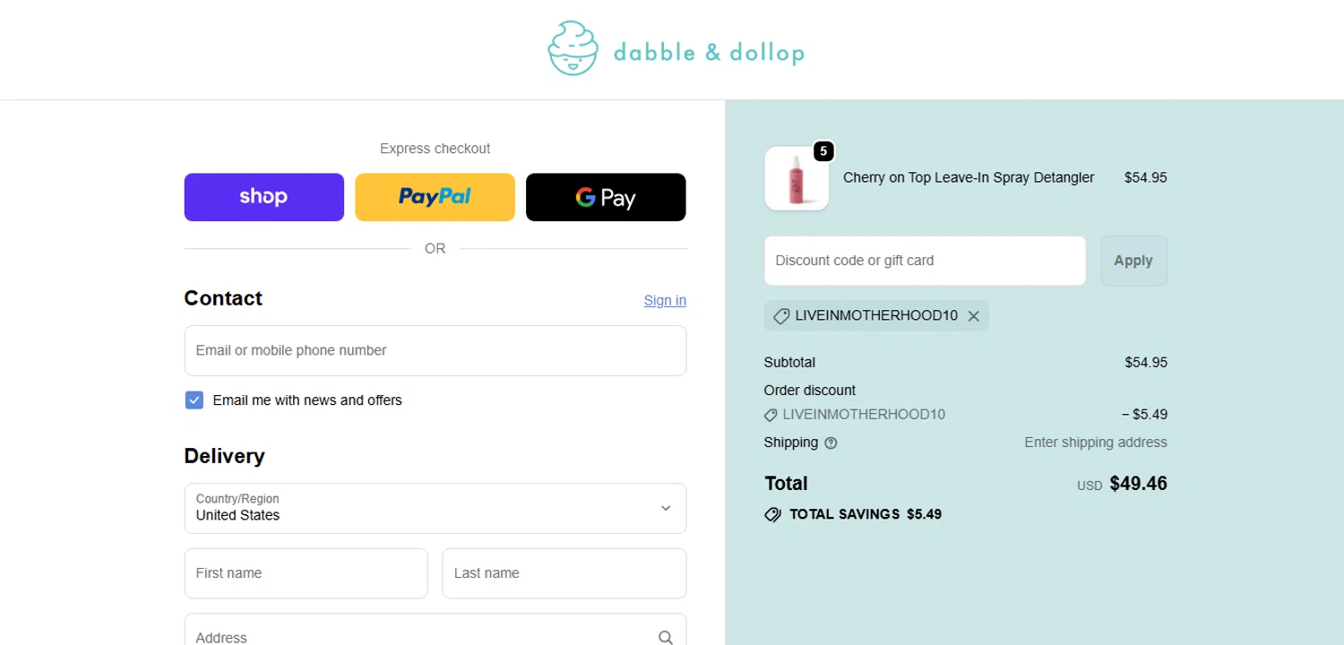 Dabble & Dollop promo code screenshot showing code LIVEINMOTHERHOOD10 applied at Dabble & Dollop checkout page. Uploaded by SimplyCodes community member MagnificentCurator5441 on Oct 27, 2025