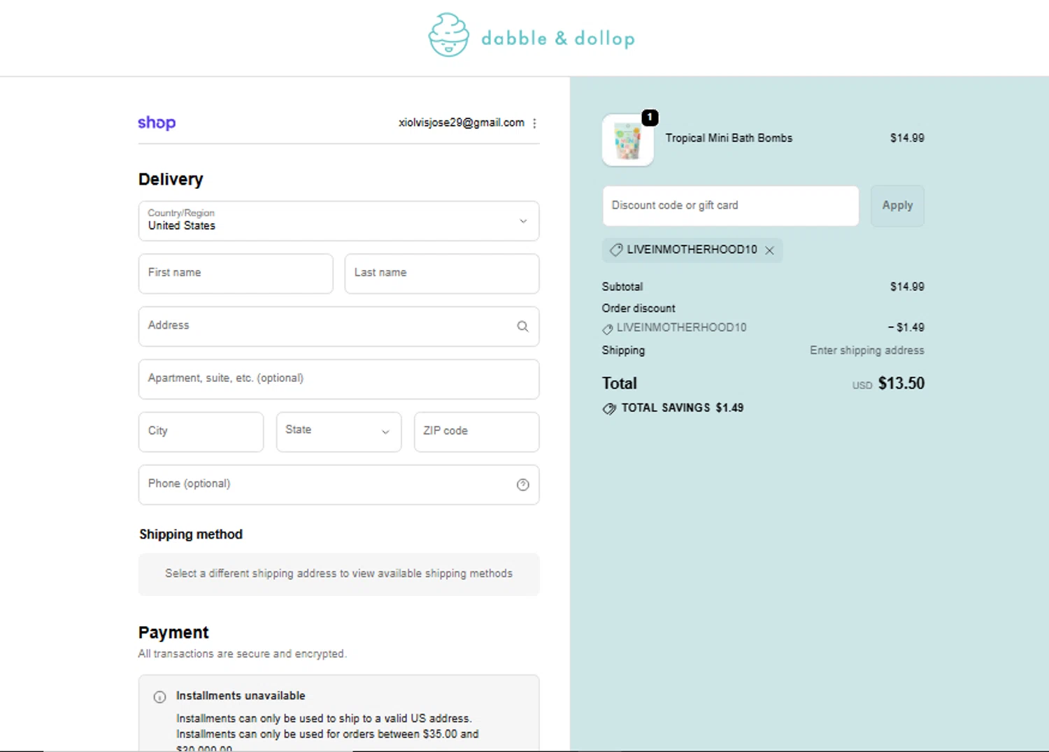 Dabble & Dollop promo code screenshot showing code LIVEINMOTHERHOOD10 applied at Dabble & Dollop checkout page. Uploaded by SimplyCodes community member Xiooh292929 on Oct 18, 2025