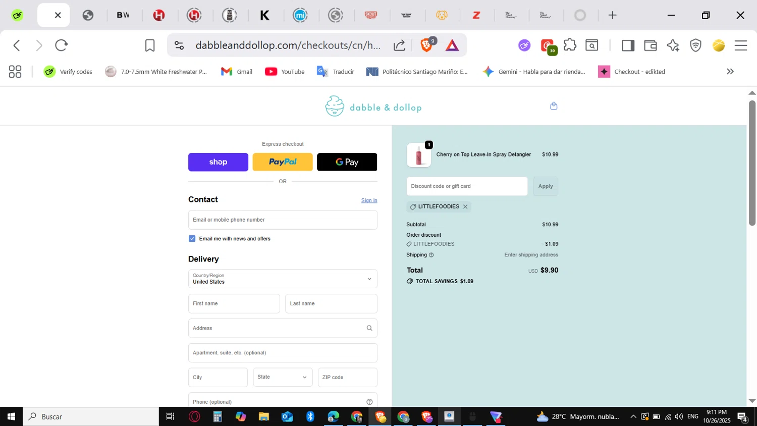 Dabble & Dollop promo code screenshot showing code Littlefoodies applied at Dabble & Dollop checkout page. Uploaded by SimplyCodes community member conorgrey on Oct 27, 2025
