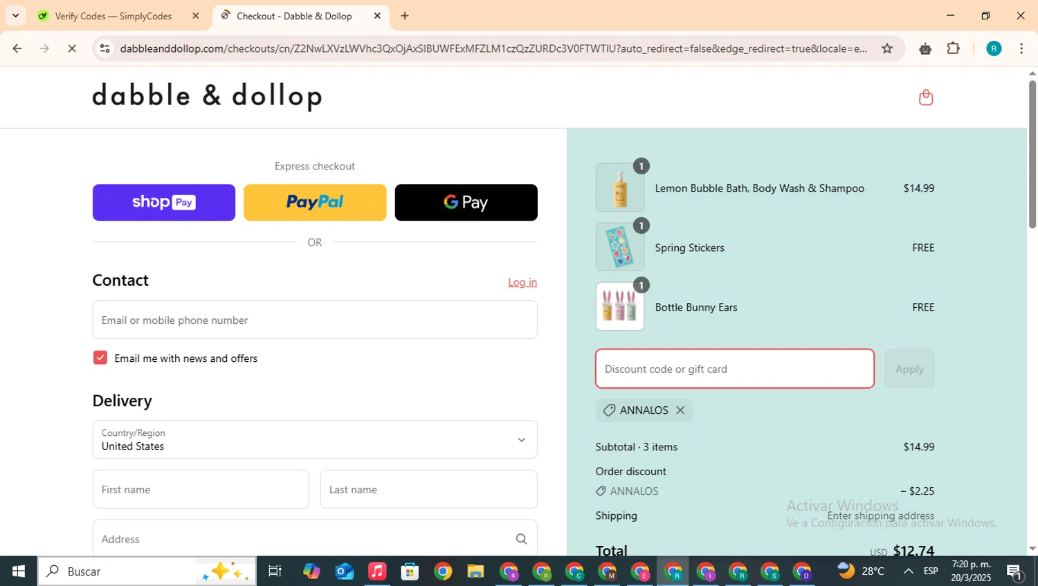 Dabble & Dollop promo code screenshot showing code ANNALOS applied at Dabble & Dollop checkout page. Uploaded by SimplyCodes community member BudgetHero4407 on Mar 20, 2025