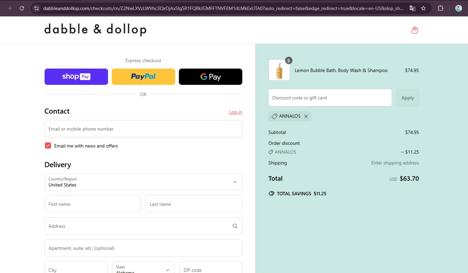 Dabble & Dollop promo code screenshot showing code ANNALOS applied at Dabble & Dollop checkout page. Uploaded by SimplyCodes community member elgatobravo on Jun 9, 2025