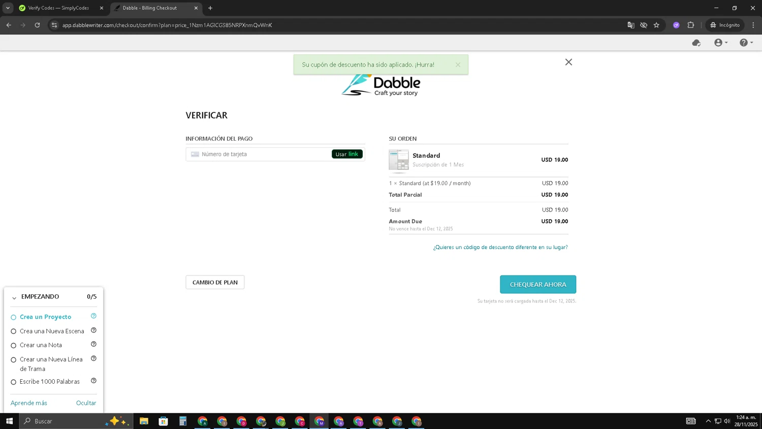 Dabble Writer coupon code screenshot showing code 9IGZFR7T applied at Dabble Writer checkout page. Uploaded by SimplyCodes community member CRF250CC on Nov 28, 2025