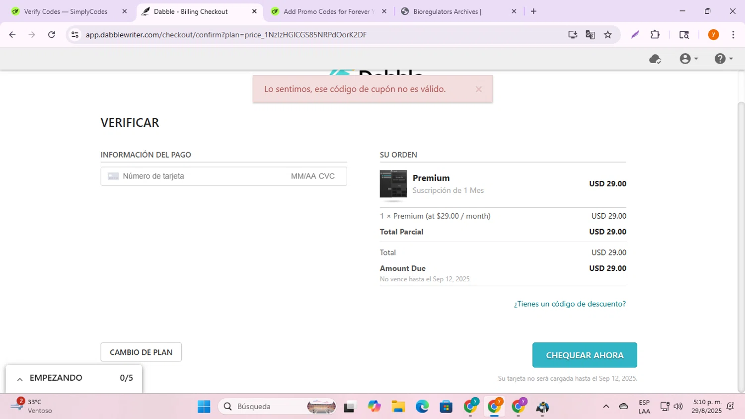 Dabble Writer coupon code screenshot showing code 9IGZFR7T applied at Dabble Writer checkout page. Uploaded by SimplyCodes community member ycg487 on Aug 29, 2025