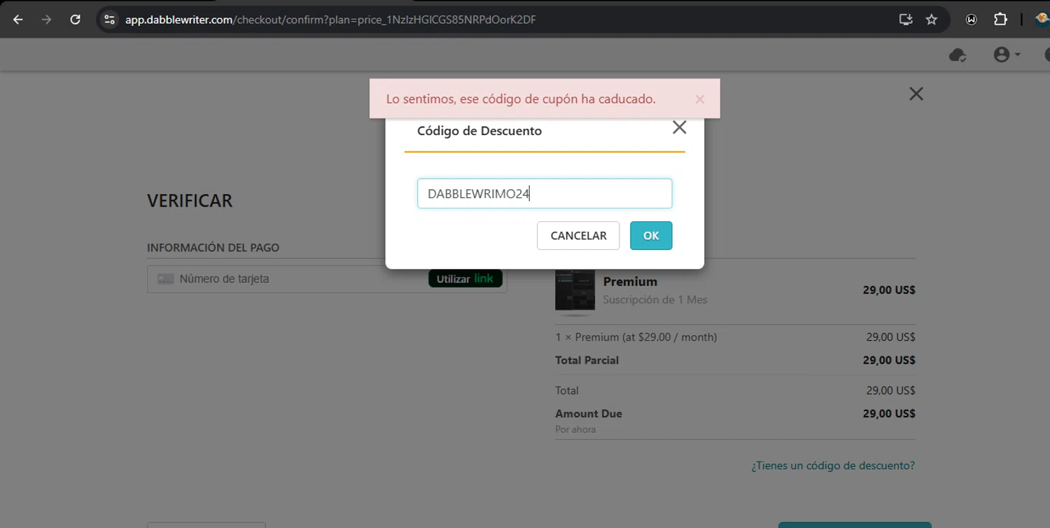 Dabble Writer coupon code screenshot showing code DABBLEWRIMO24 applied at Dabble Writer checkout page. Uploaded by SimplyCodes community member RoyalSpotter5217 on Apr 16, 2025