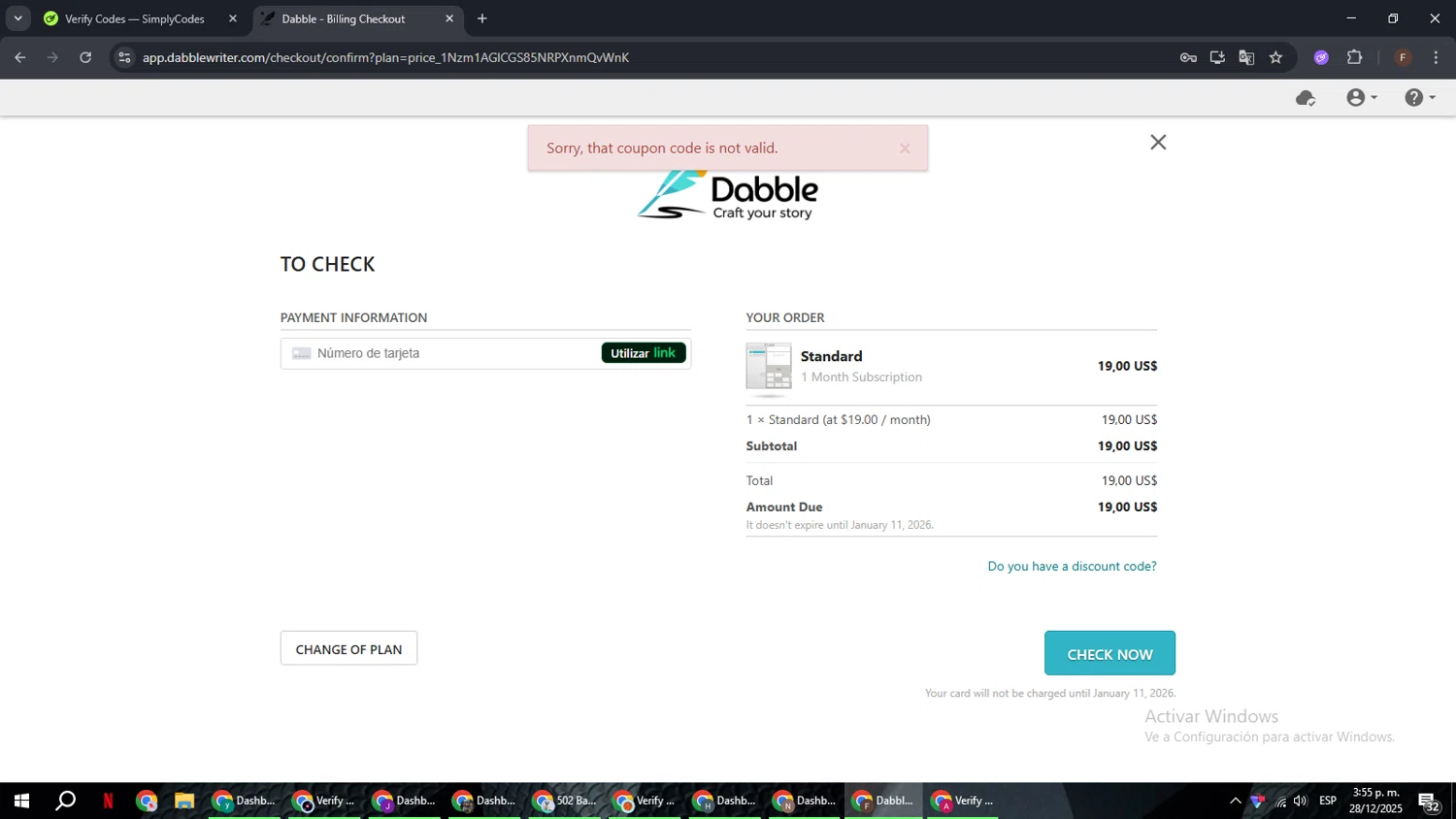 Dabble Writer coupon code screenshot showing code GRINDERS applied at Dabble Writer checkout page. Uploaded by SimplyCodes community member ExtraordinaryHunter3076 on Dec 28, 2025