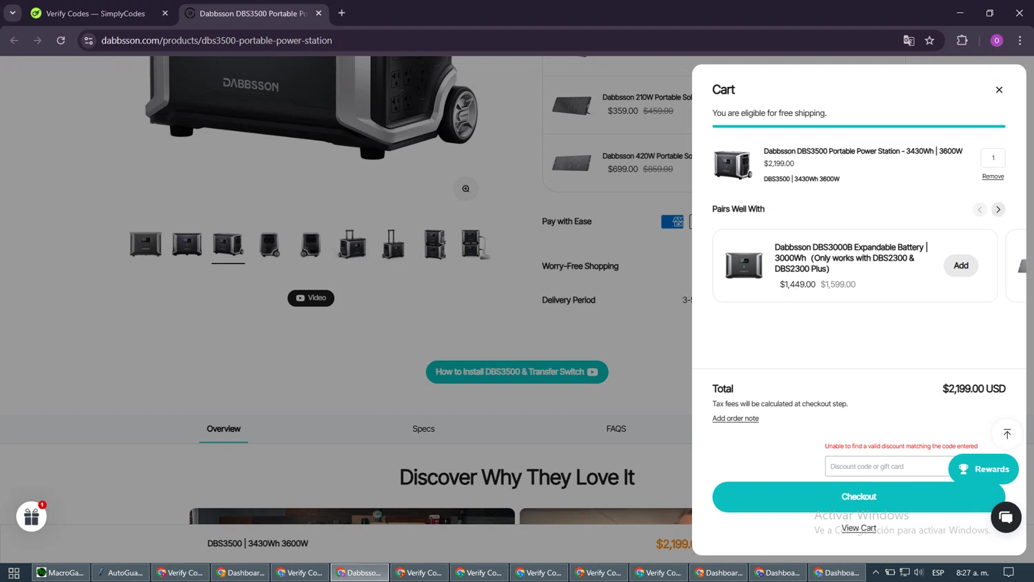 Dabbsson coupon code screenshot showing code WELCOME applied at Dabbsson checkout page. Uploaded by SimplyCodes community member SavvyMaverick3145 on Mar 27, 2025