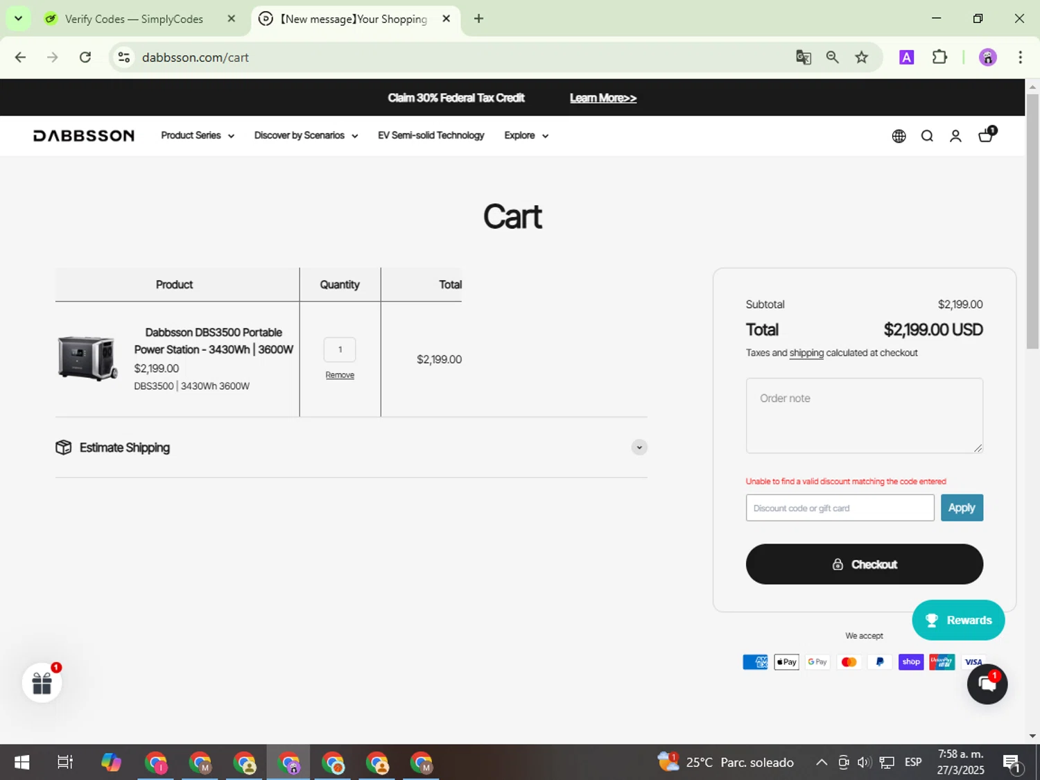 Dabbsson coupon code screenshot showing code WELCOME applied at Dabbsson checkout page. Uploaded by SimplyCodes community member PrimeWizard5860 on Mar 27, 2025