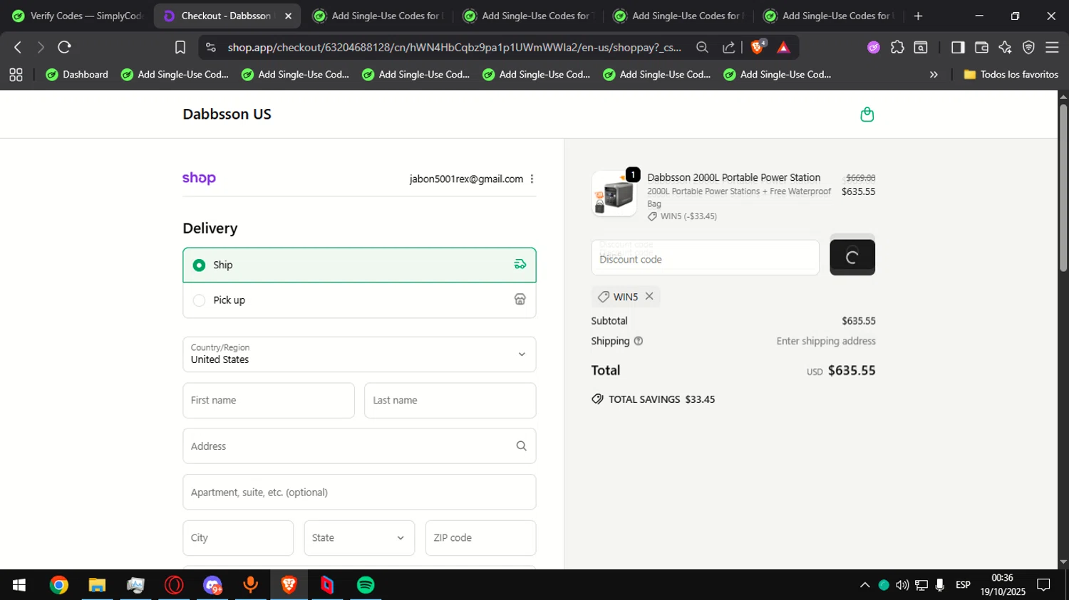 Dabbsson coupon code screenshot showing code Win5 applied at Dabbsson checkout page. Uploaded by SimplyCodes community member Alegre on Oct 19, 2025