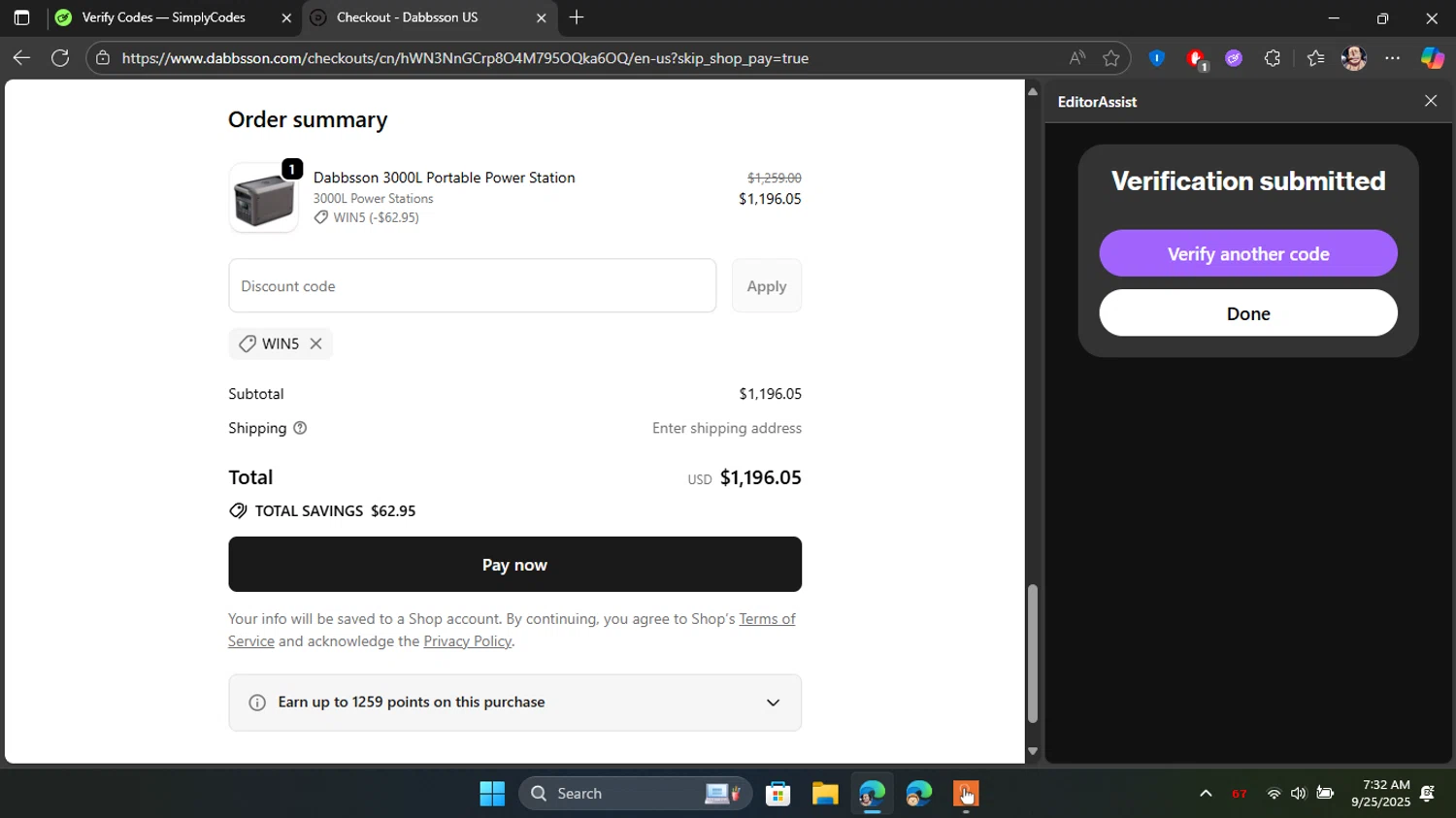 Dabbsson coupon code screenshot showing code Win5 applied at Dabbsson checkout page. Uploaded by SimplyCodes community member Blackleg_Sanji on Sep 25, 2025