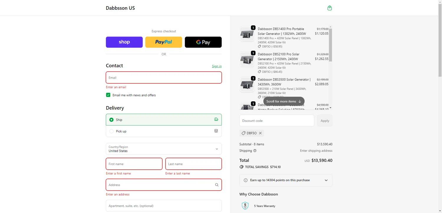 Dabbsson coupon code screenshot showing code DBF5O applied at Dabbsson checkout page. Uploaded by SimplyCodes community member ScanRanger3503 on Dec 28, 2025