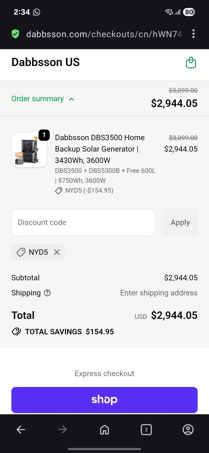 Dabbsson coupon code screenshot showing code Nyd5 applied at Dabbsson checkout page. Uploaded by SimplyCodes community member BB9542251456527 on Dec 31, 2025