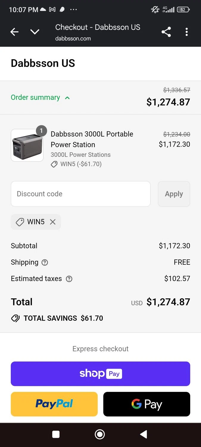 Dabbsson coupon code screenshot showing code Win5 applied at Dabbsson checkout page. Uploaded by SimplyCodes community member SaraiVillarroel on Jul 23, 2025