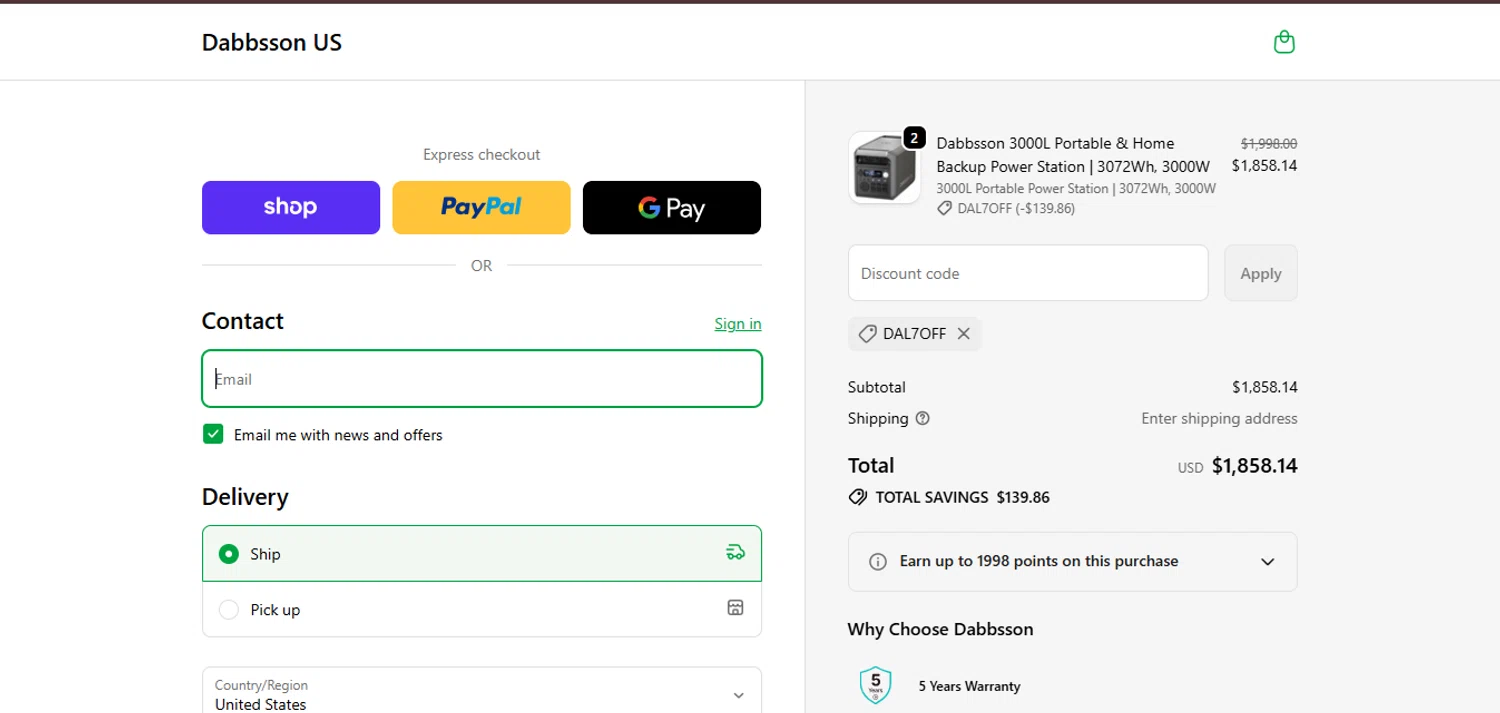 Dabbsson coupon code screenshot showing code DAL7OFF applied at Dabbsson checkout page. Uploaded by SimplyCodes community member juanisaac on Jan 8, 2026
