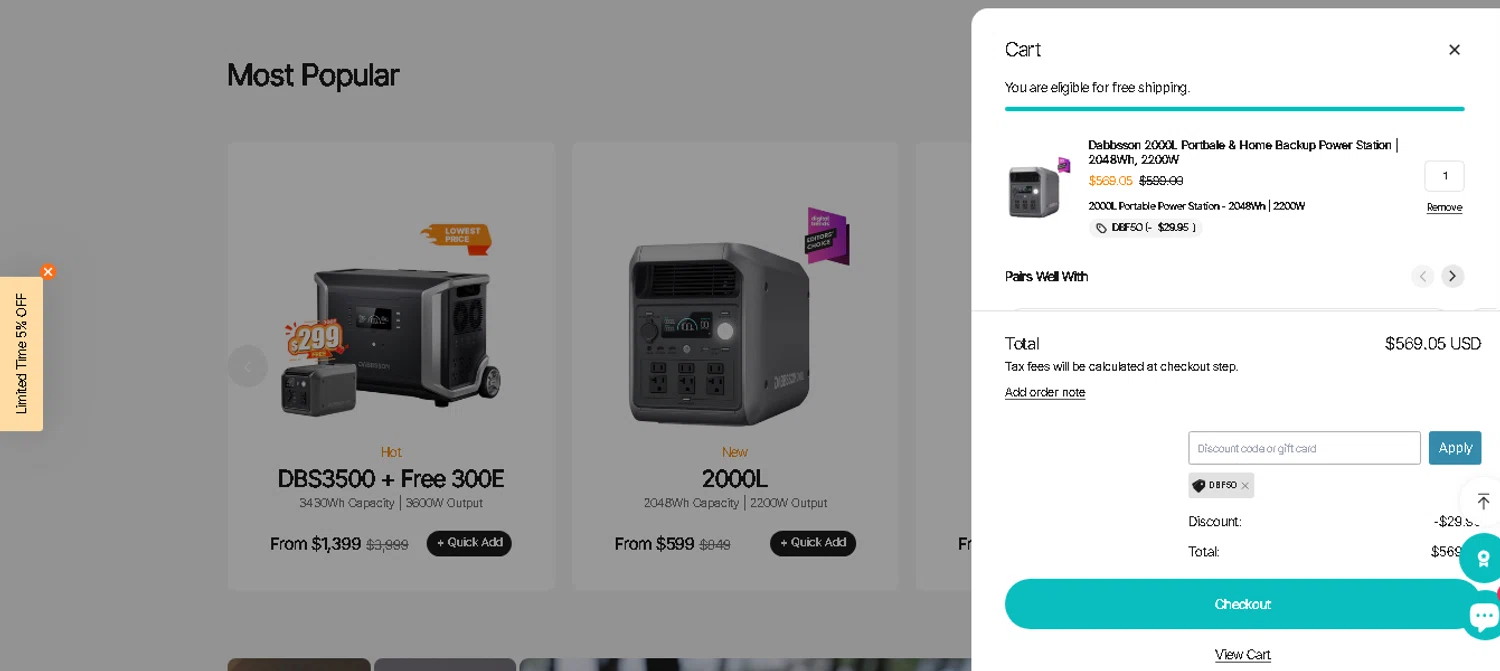Dabbsson coupon code screenshot showing code DBF5O applied at Dabbsson checkout page. Uploaded by SimplyCodes community member shark12 on Nov 14, 2025