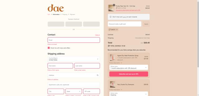 Dae Hair checkout page showing Dae Hair discount code box | Screenshot taken by SimplyCodes community member on Sep 12, 2025