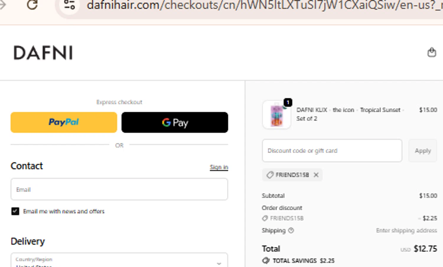 Dafni Hair promo code screenshot showing code FRIENDS15B applied at Dafni Hair checkout page. Uploaded by SimplyCodes community member BudgetLion5814 on Nov 27, 2025