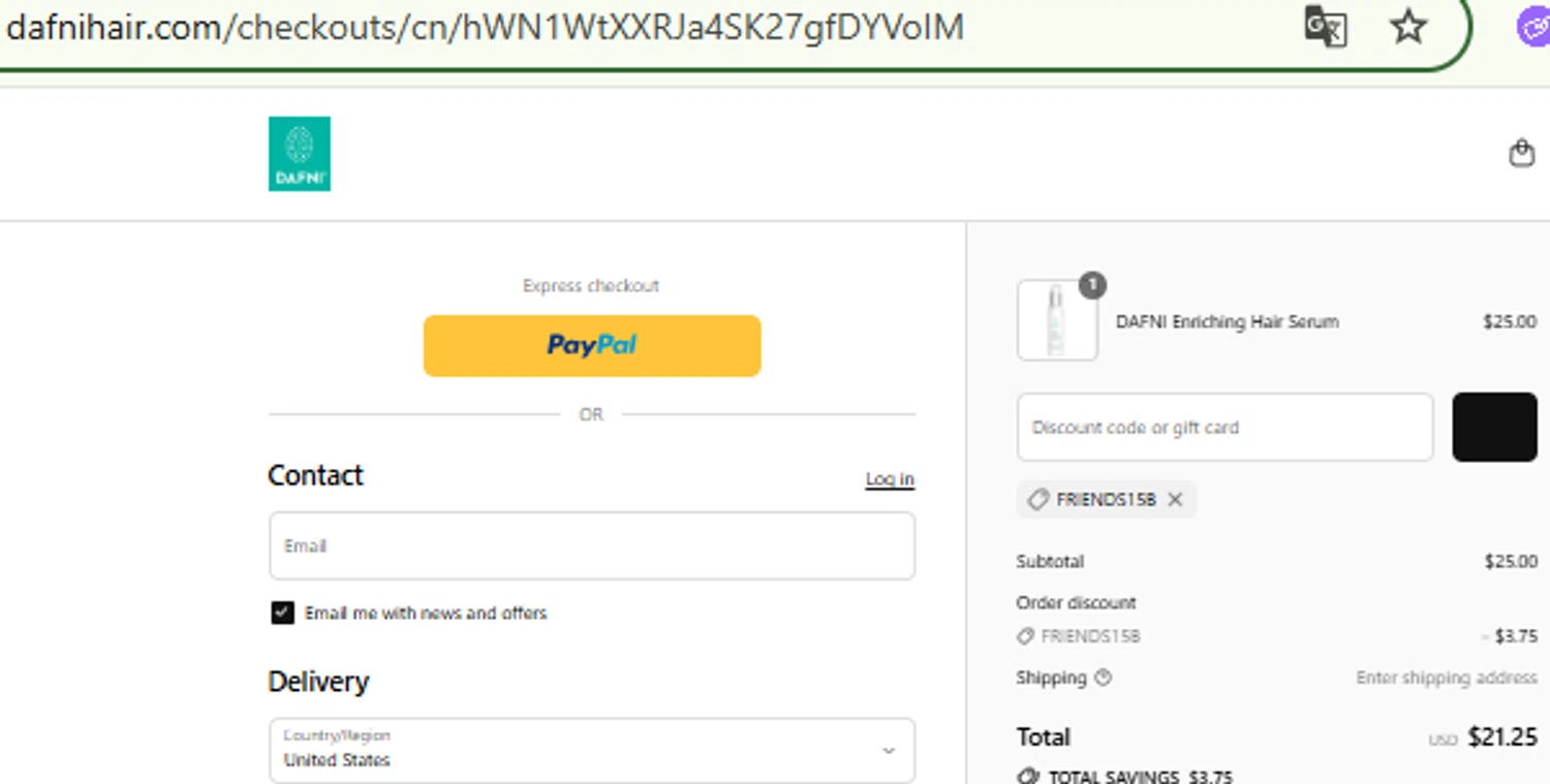 Dafni Hair promo code screenshot showing code FRIENDS15B applied at Dafni Hair checkout page. Uploaded by SimplyCodes community member CashMaestro9337 on Aug 7, 2025