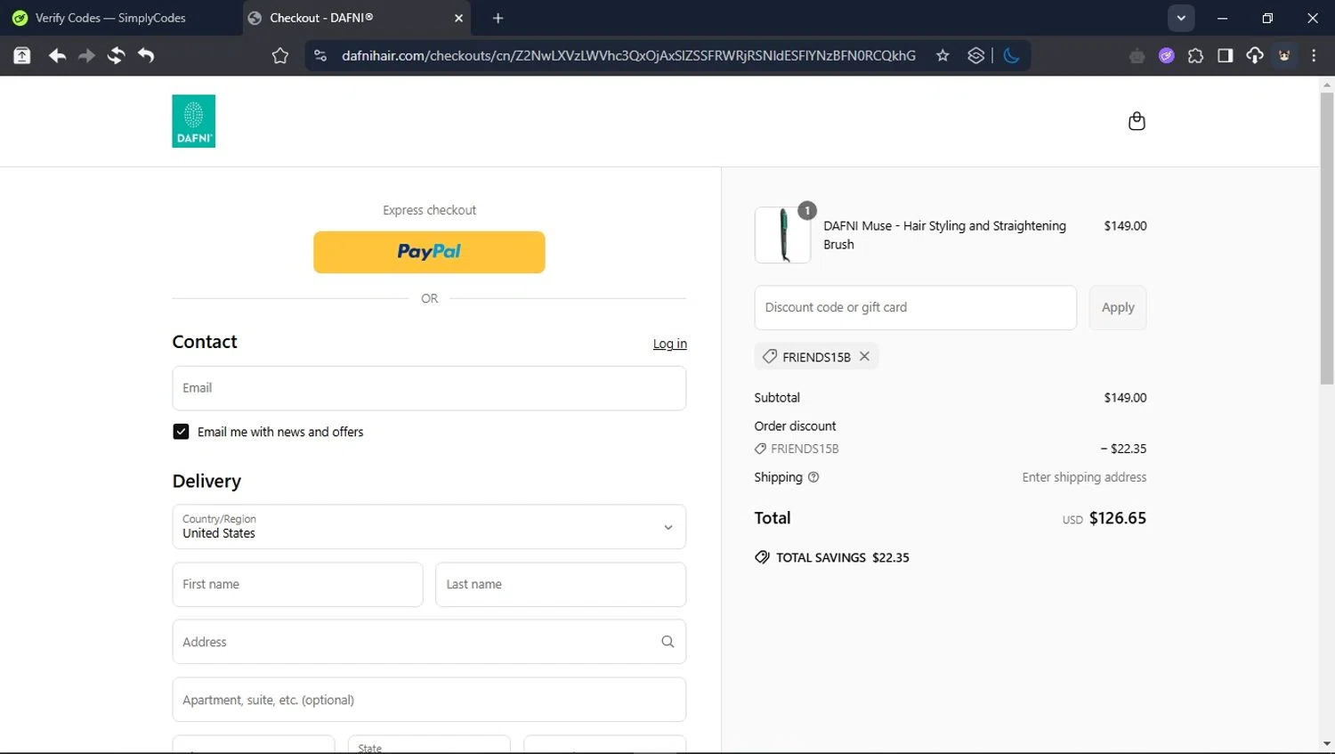 Dafni Hair promo code screenshot showing code FRIENDS15B applied at Dafni Hair checkout page. Uploaded by SimplyCodes community member BrilliantTitan6909 on May 21, 2025