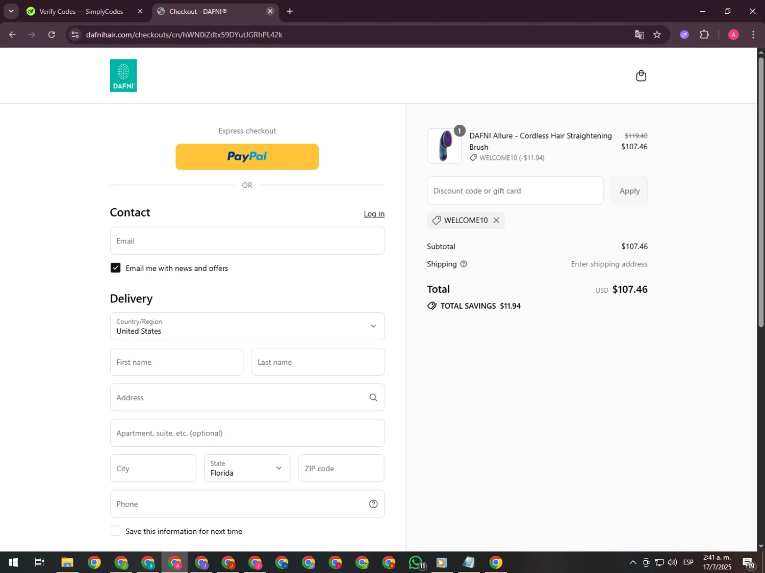 Dafni Hair promo code screenshot showing code WELCOME10 applied at Dafni Hair checkout page. Uploaded by SimplyCodes community member CrownHawk3462 on Jul 17, 2025