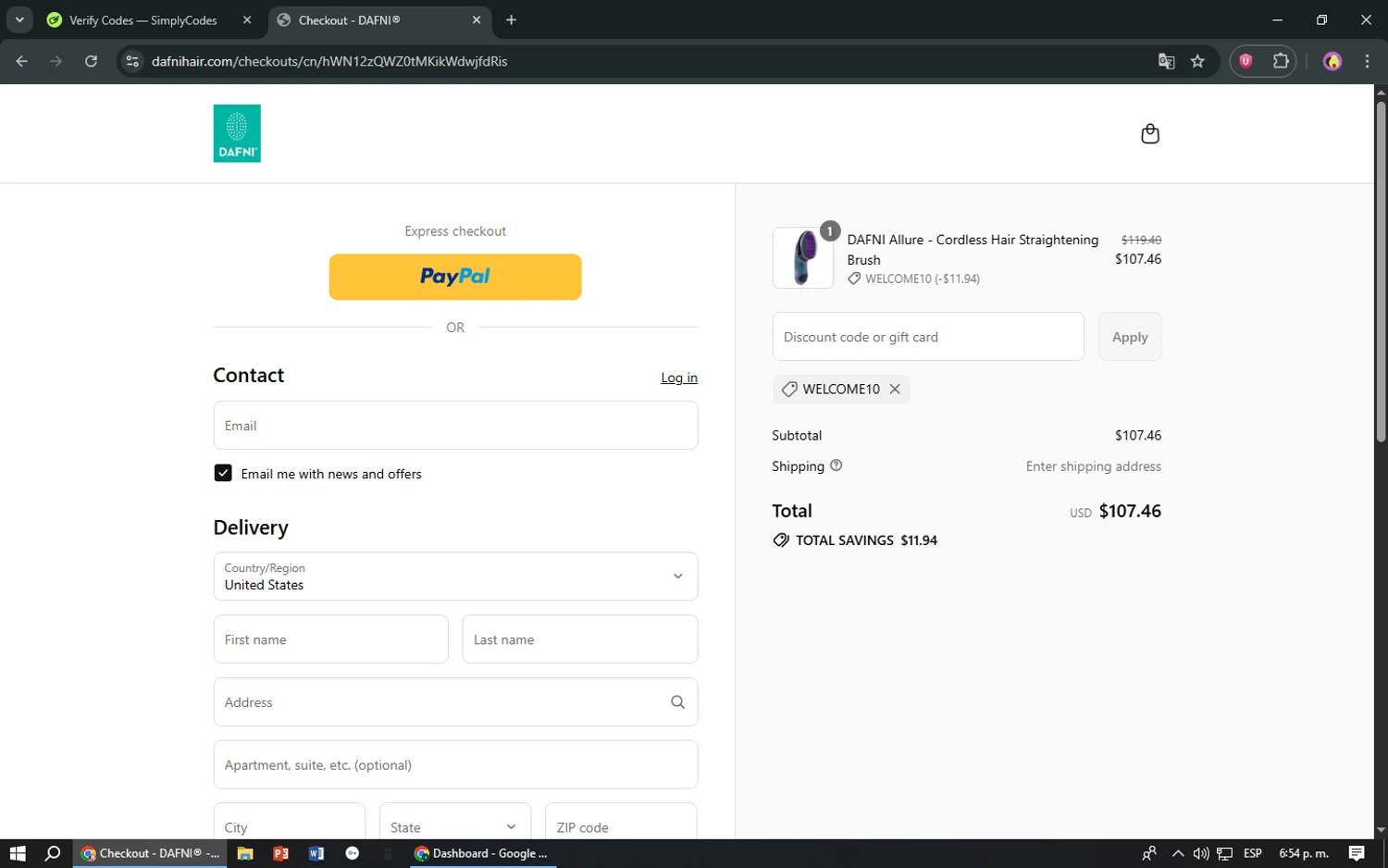 Dafni Hair promo code screenshot showing code WELCOME10 applied at Dafni Hair checkout page. Uploaded by SimplyCodes community member TreasureShopper9156 on Jul 25, 2025