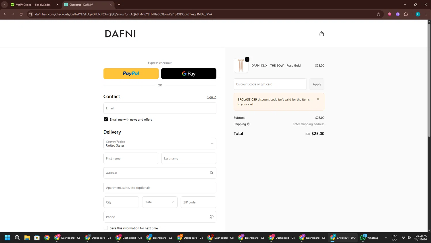 Dafni Hair promo code screenshot showing code BRCLASSIC59 applied at Dafni Hair checkout page. Uploaded by SimplyCodes community member RewardKnight9989 on Jan 24, 2026