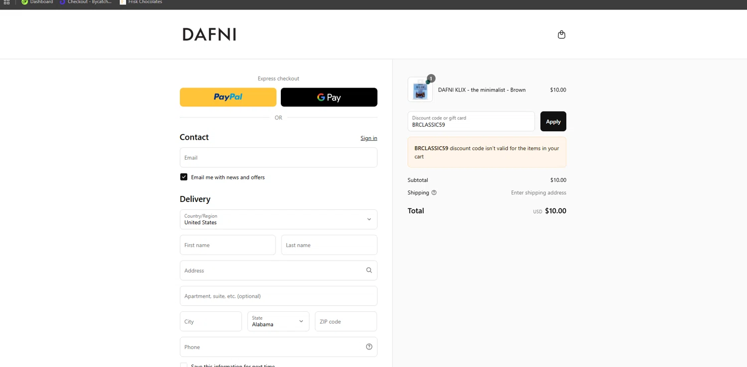 Dafni Hair promo code screenshot showing code BRCLASSIC59 applied at Dafni Hair checkout page. Uploaded by SimplyCodes community member ishidashoya on Sep 14, 2025
