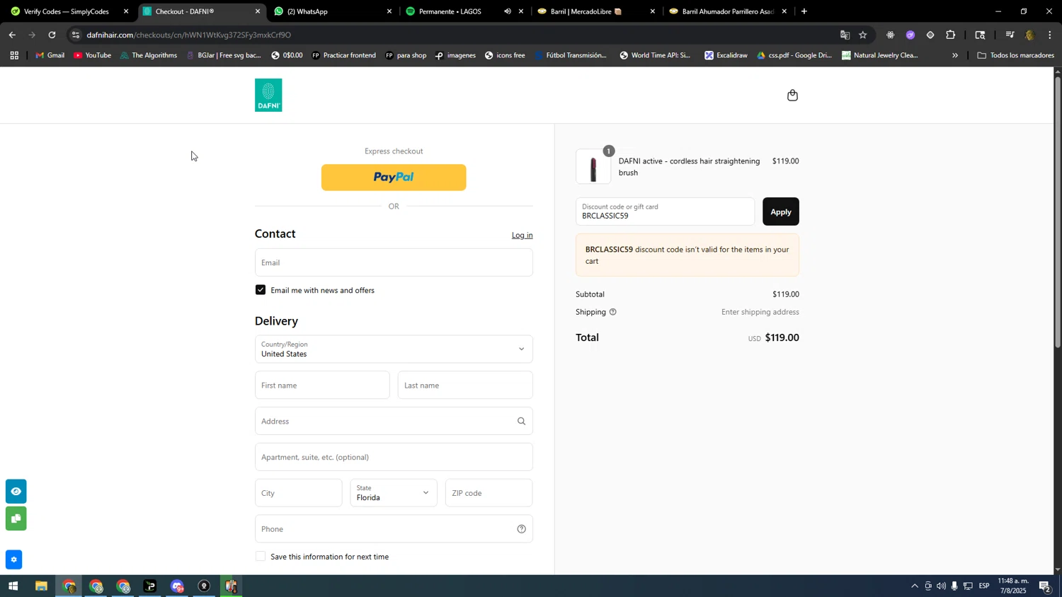 Dafni Hair promo code screenshot showing code BRCLASSIC59 applied at Dafni Hair checkout page. Uploaded by SimplyCodes community member DonPollito on Aug 7, 2025