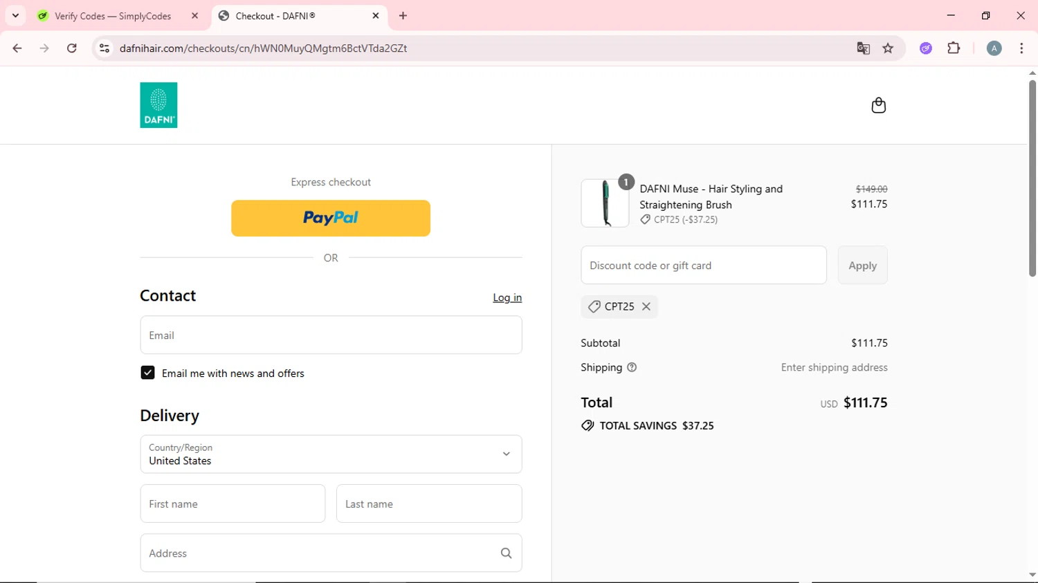 Dafni Hair promo code screenshot showing code CPT25 applied at Dafni Hair checkout page. Uploaded by SimplyCodes community member CrownSpotter6947 on Jul 8, 2025
