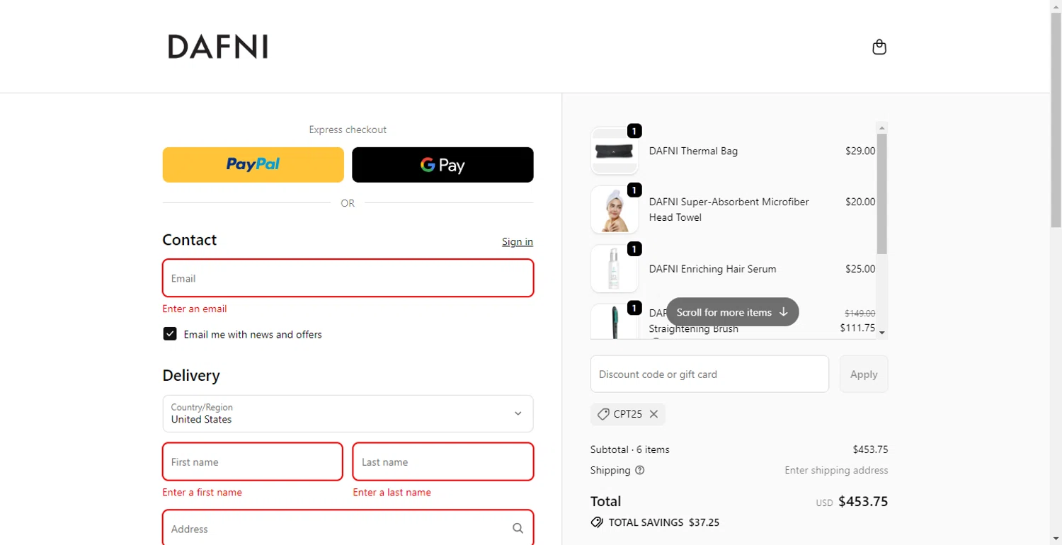 Dafni Hair promo code screenshot showing code CPT25 applied at Dafni Hair checkout page. Uploaded by SimplyCodes community member LlonardoLotes on Oct 16, 2025