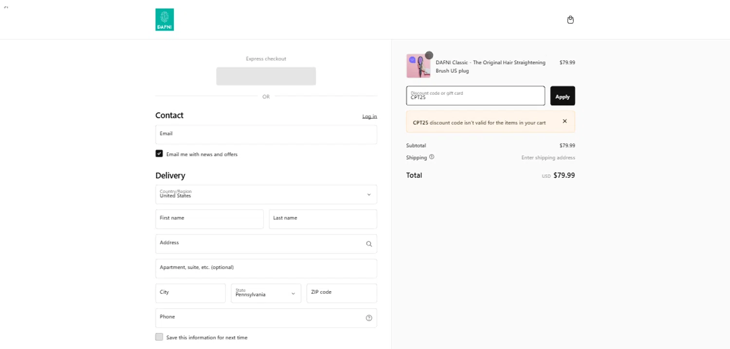 Dafni Hair promo code screenshot showing code CPT25 applied at Dafni Hair checkout page. Uploaded by SimplyCodes community member PromoSeeker7158 on Feb 1, 2025