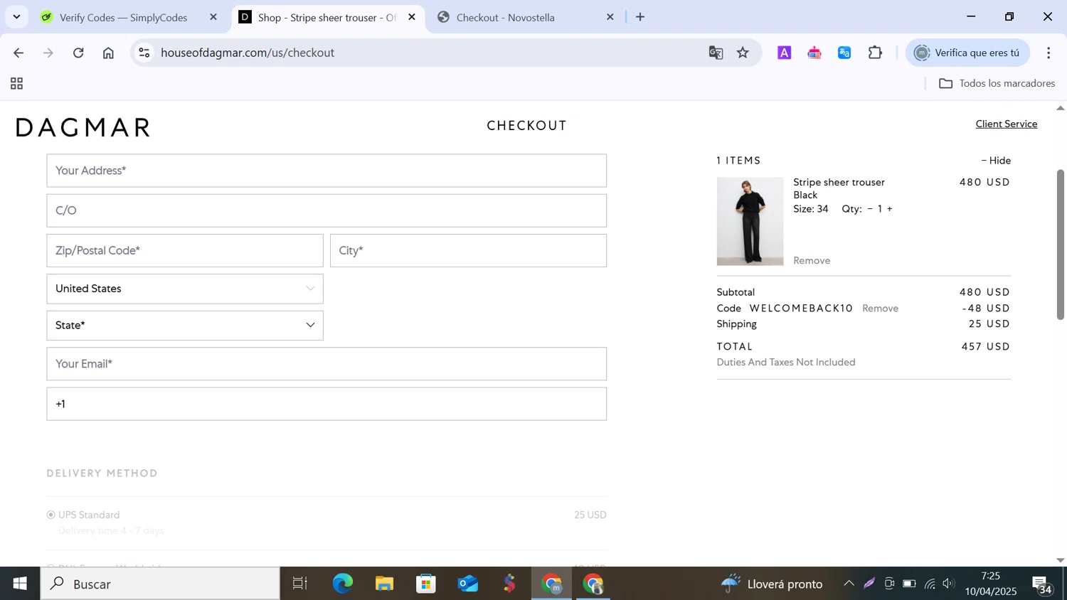 Dagmar discount code screenshot showing code WELCOMEBACK10 applied at Dagmar checkout page. Uploaded by SimplyCodes community member MANUELURBINA on Apr 10, 2025
