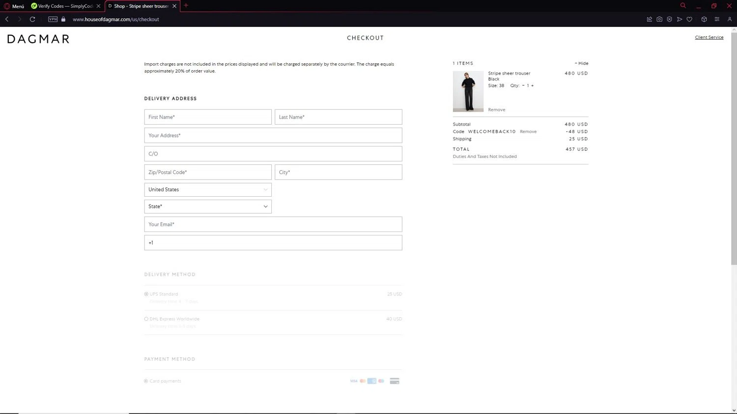 Dagmar discount code screenshot showing code WELCOMEBACK10 applied at Dagmar checkout page. Uploaded by SimplyCodes community member CleverAdmiral2537 on Mar 12, 2025