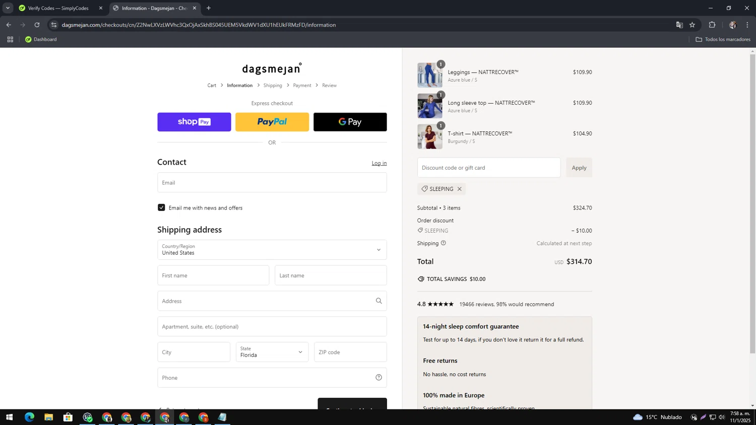 Dagsmejan promo code screenshot showing code SLEEPING applied at Dagsmejan checkout page. Uploaded by SimplyCodes community member MagnificentAce6663 on Jan 11, 2025