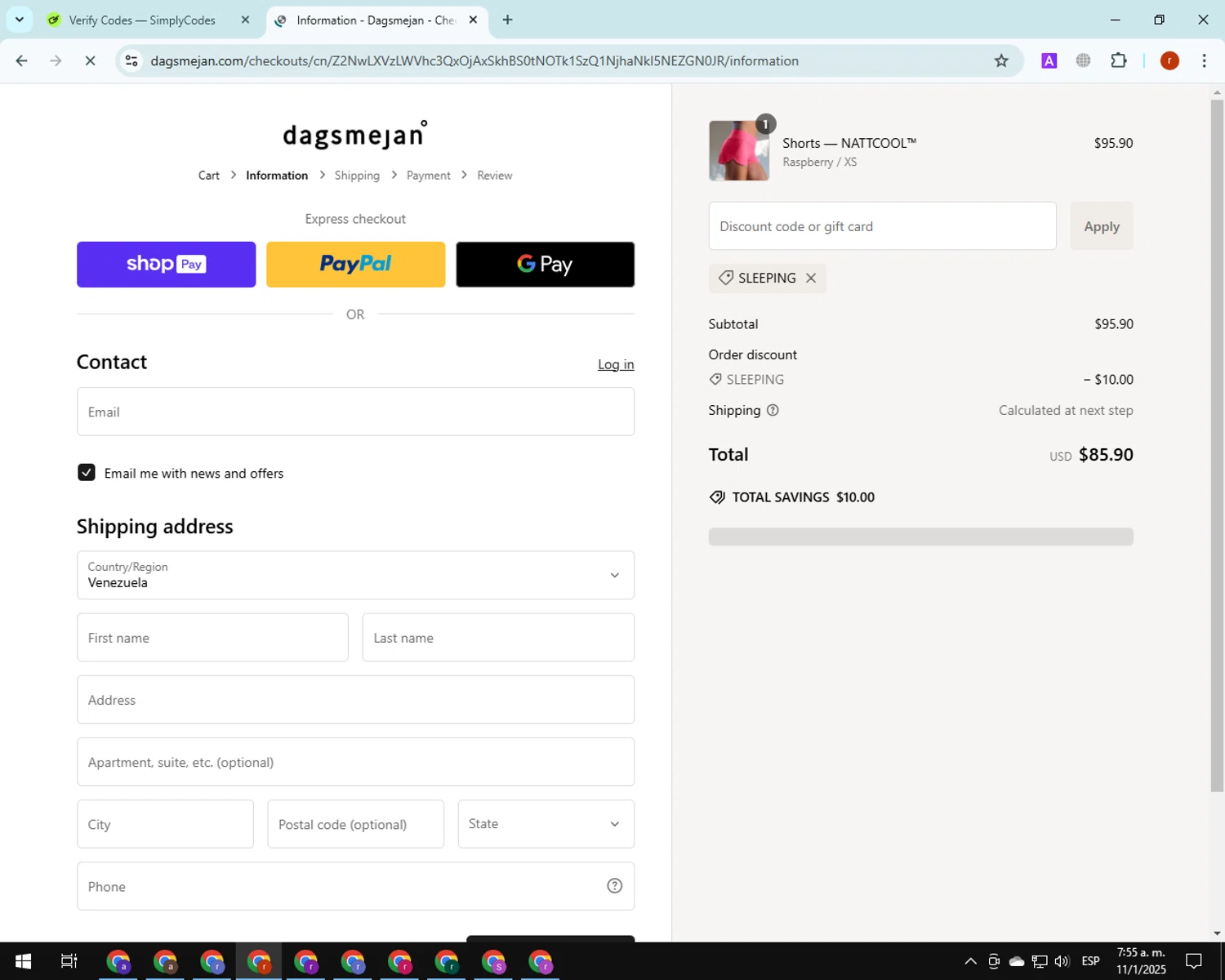 Dagsmejan promo code screenshot showing code SLEEPING applied at Dagsmejan checkout page. Uploaded by SimplyCodes community member PrimeGuardian7348 on Jan 11, 2025