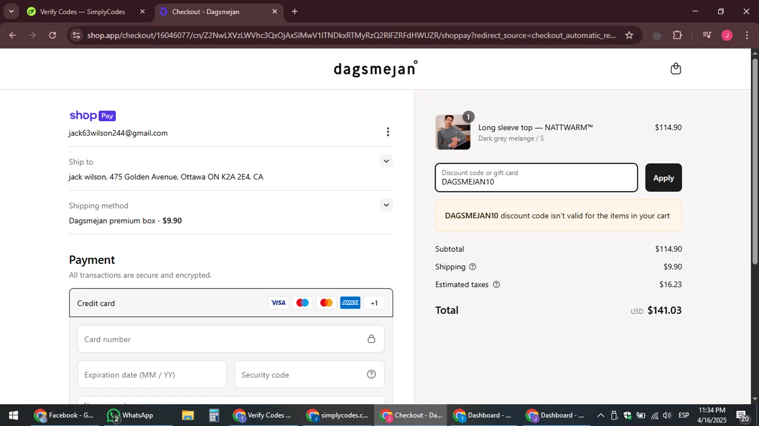 Dagsmejan promo code screenshot showing code DAGSMEJAN10 applied at Dagsmejan checkout page. Uploaded by SimplyCodes community member JackWilson63 on Apr 17, 2025
