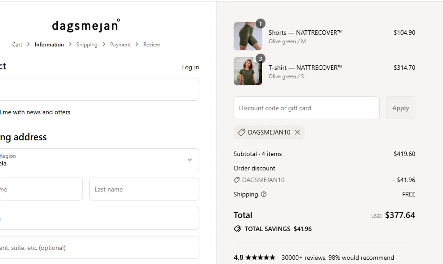 Dagsmejan promo code screenshot showing code DAGSMEJAN10 applied at Dagsmejan checkout page. Uploaded by SimplyCodes community member yeresojperez on Jul 29, 2025