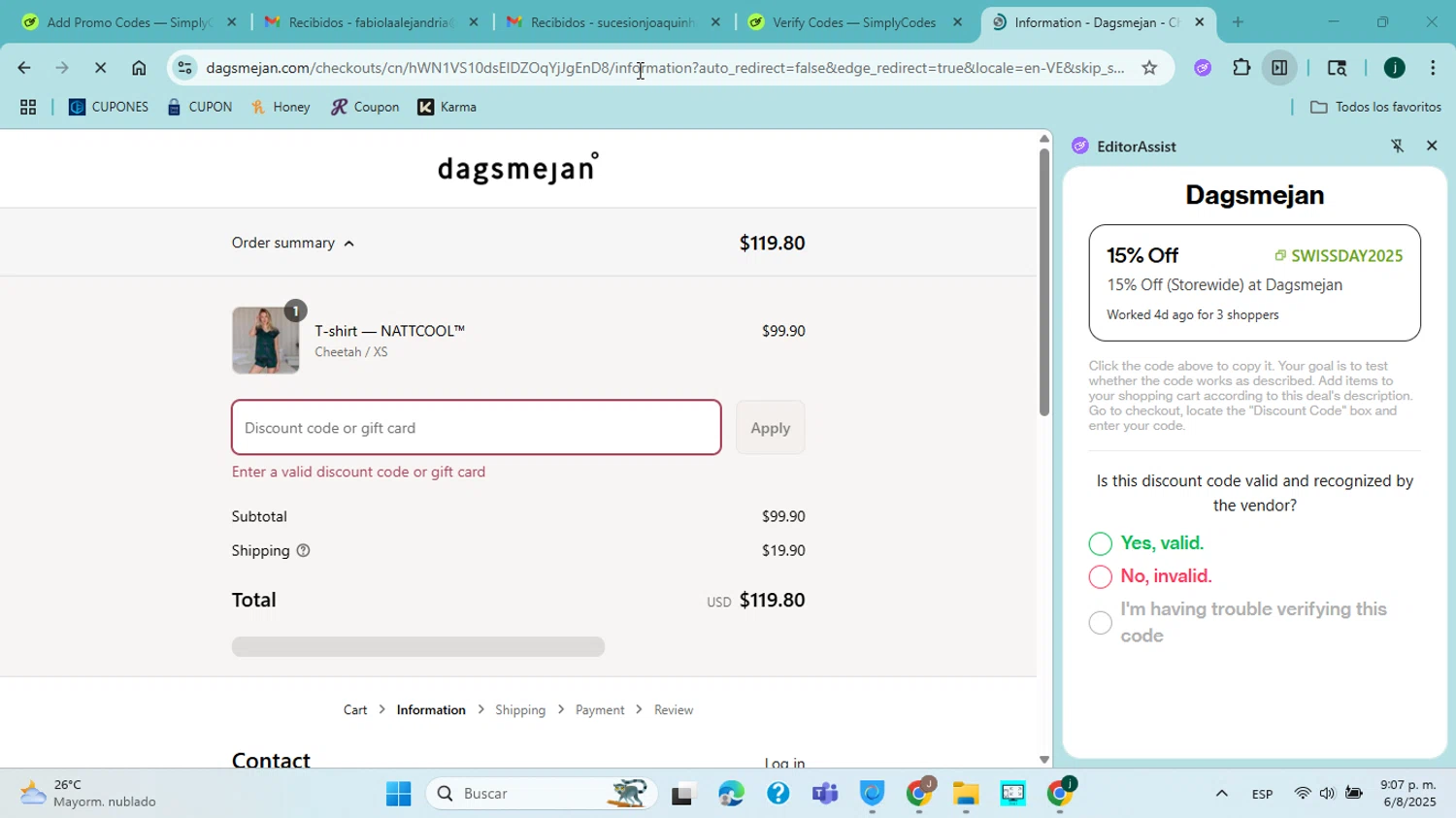 Dagsmejan promo code screenshot showing code SWISSDAY2025 applied at Dagsmejan checkout page. Uploaded by SimplyCodes community member jorgejavierherrera on Aug 7, 2025