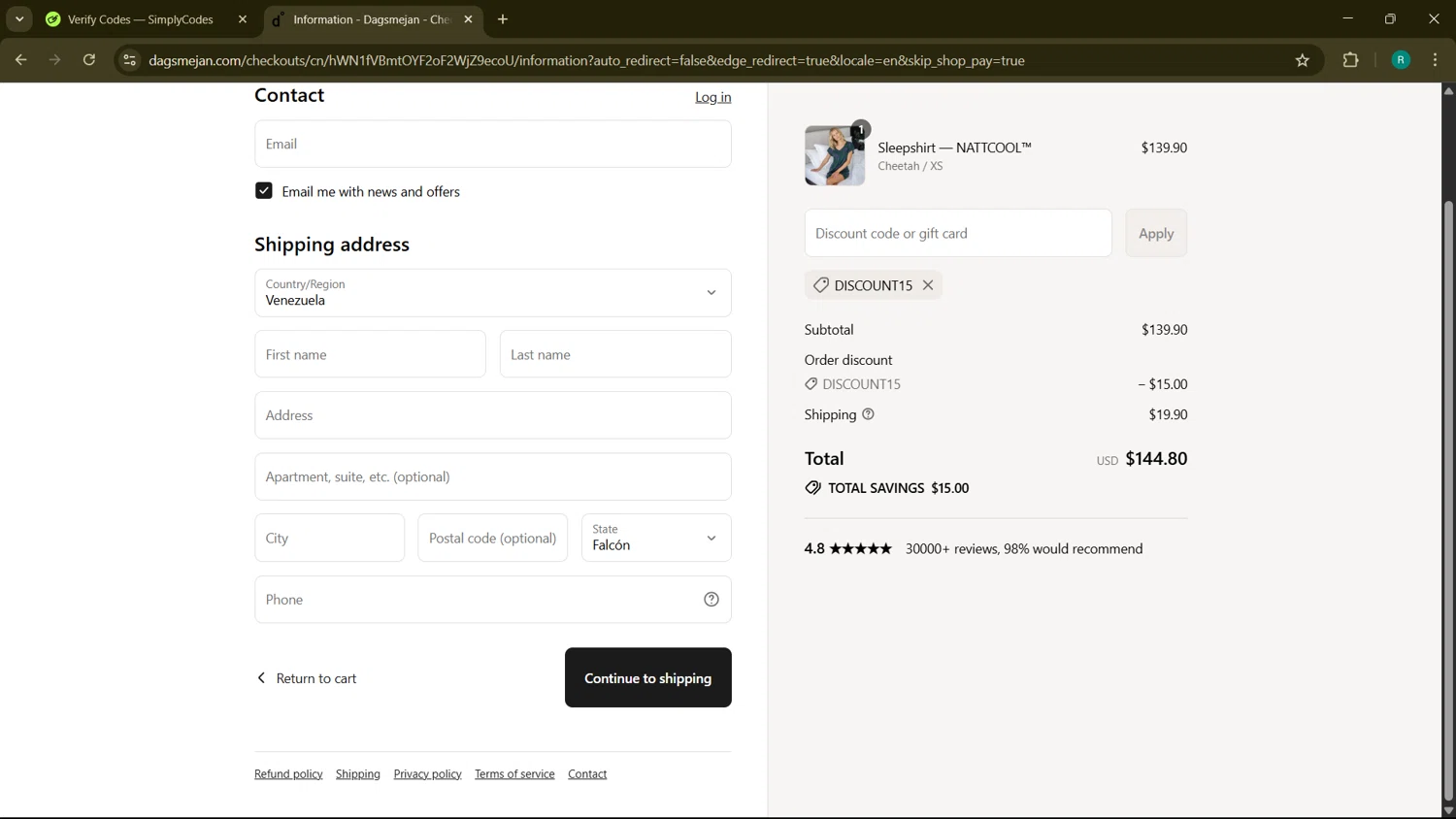 Dagsmejan promo code screenshot showing code DISCOUNT15 applied at Dagsmejan checkout page. Uploaded by SimplyCodes community member BargainMonarch6495 on Aug 11, 2025