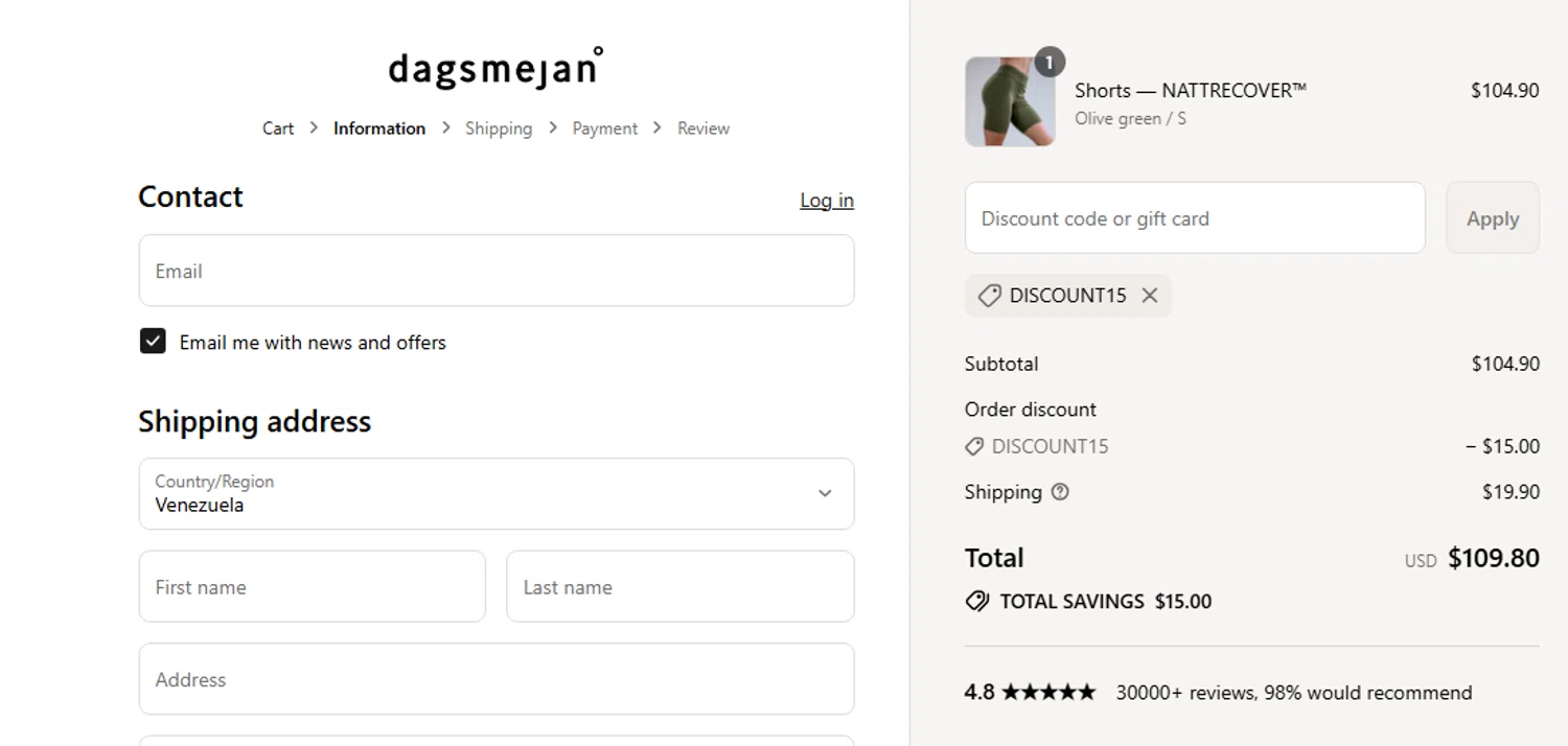 Dagsmejan promo code screenshot showing code DISCOUNT15 applied at Dagsmejan checkout page. Uploaded by SimplyCodes community member Jhonny on Aug 9, 2025