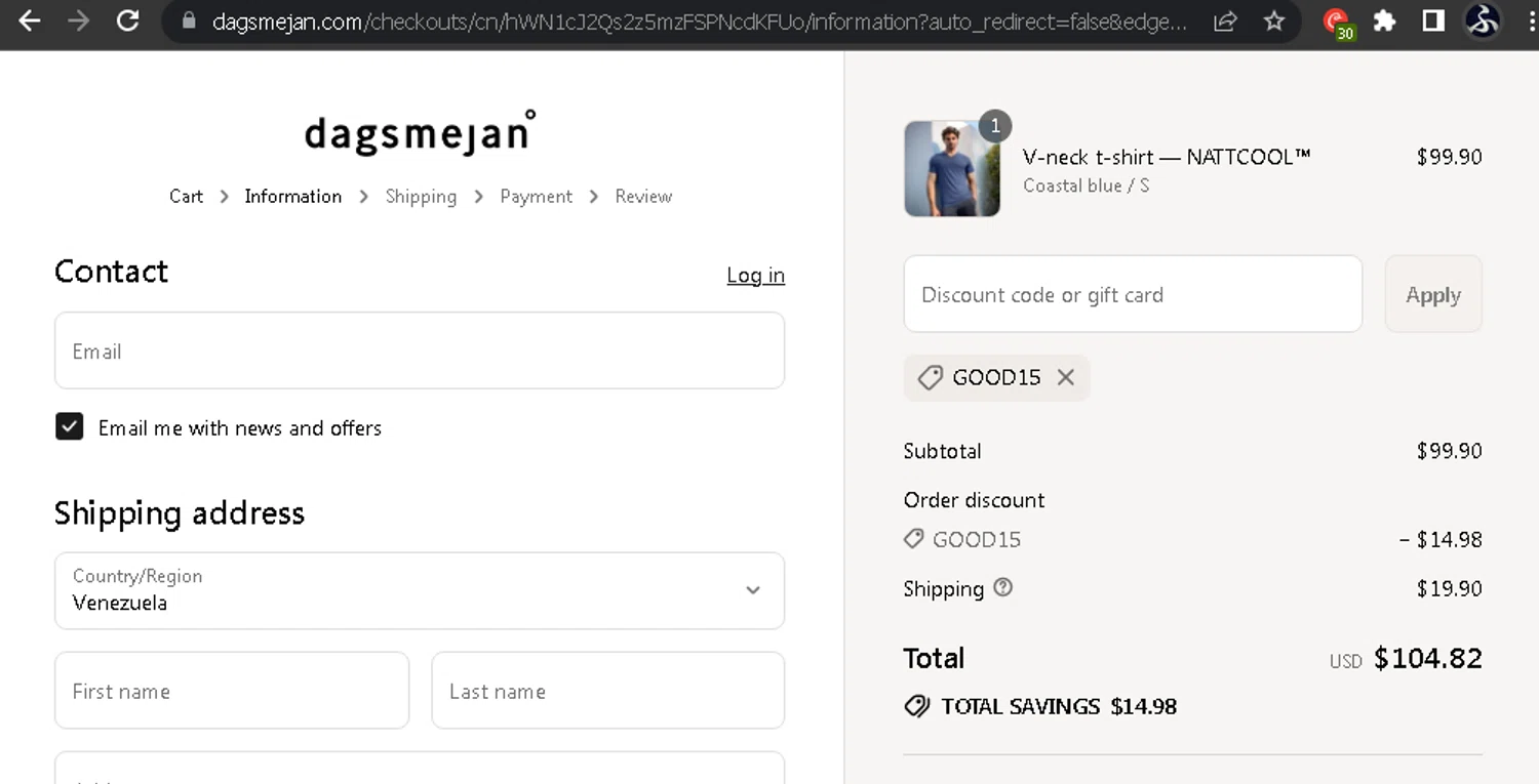 Dagsmejan promo code screenshot showing code GOOD15 applied at Dagsmejan checkout page. Uploaded by SimplyCodes community member SwiftOwl697 on Aug 9, 2025