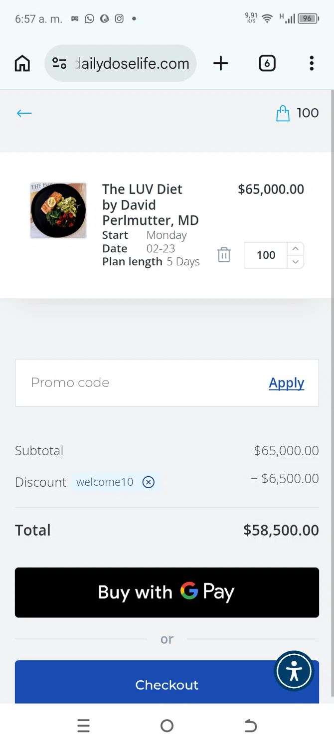 Daily Dose Life promo code screenshot showing code WELCOME10 applied at Daily Dose Life checkout page. Uploaded by SimplyCodes community member Emil05111429 on Feb 21, 2026