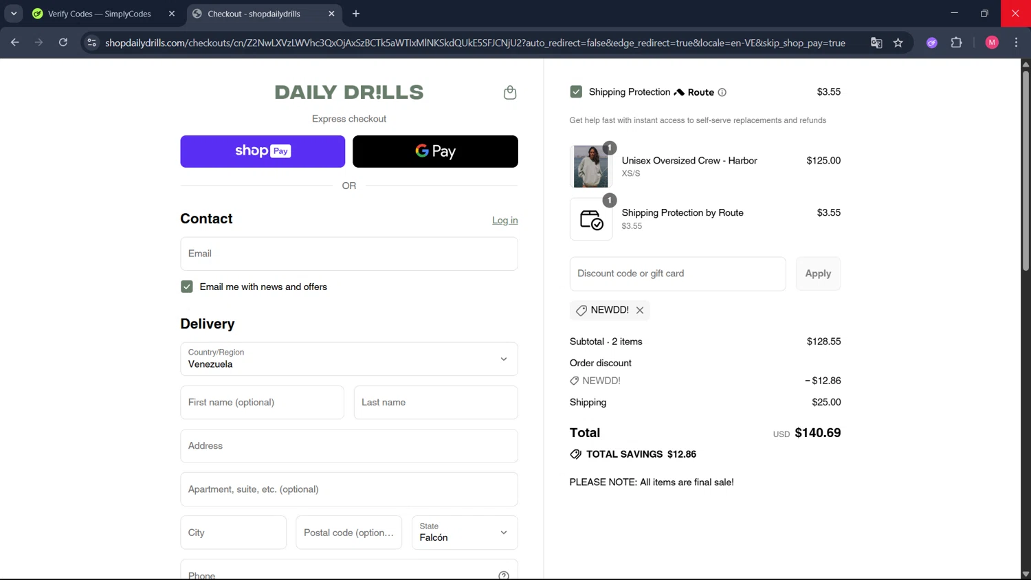 Daily Drills discount code screenshot showing code NEWDD! applied at Daily Drills checkout page. Uploaded by SimplyCodes community member ValueCollector4159 on Jul 17, 2025