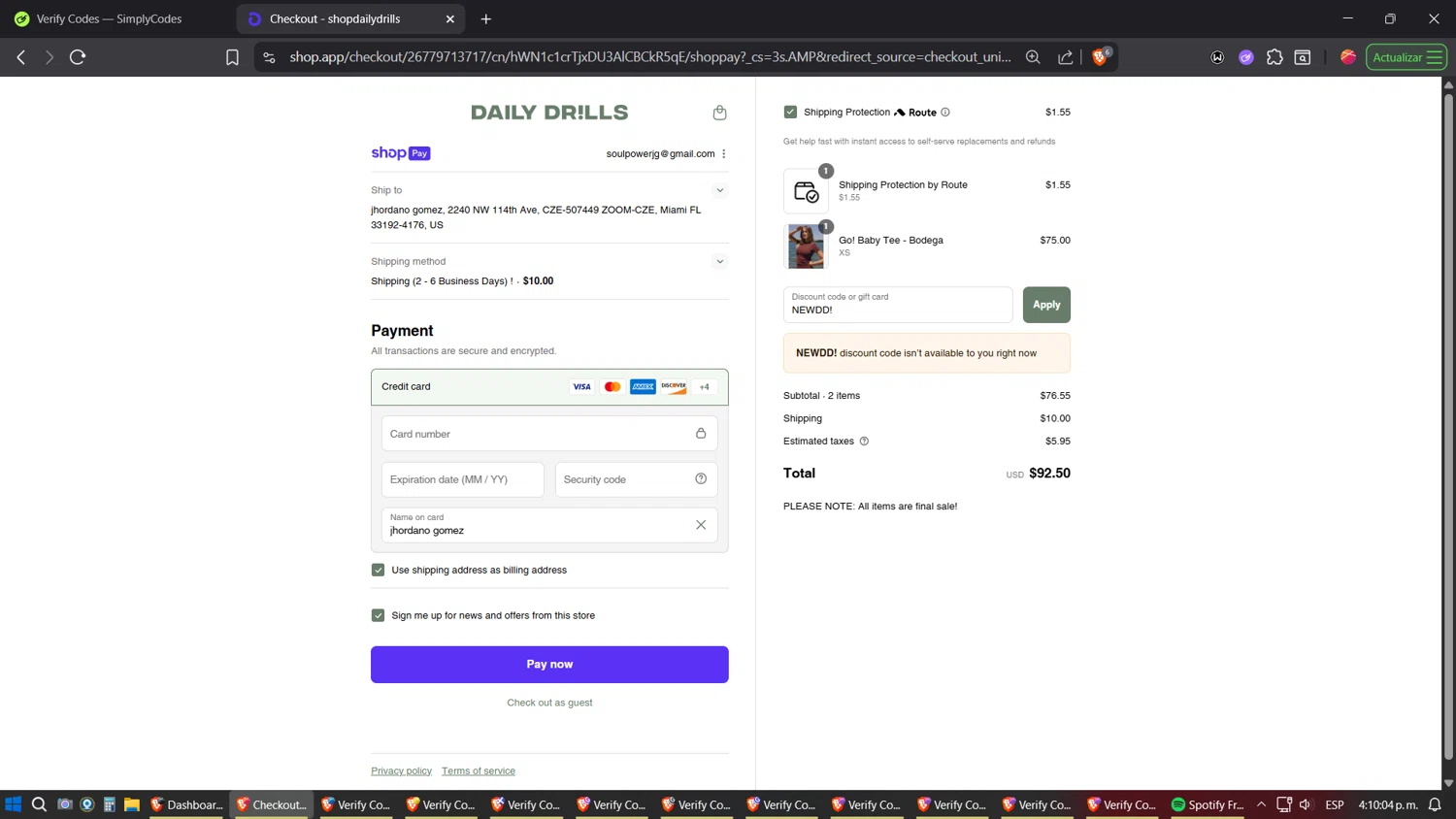 Daily Drills discount code screenshot showing code NEWDD! applied at Daily Drills checkout page. Uploaded by SimplyCodes community member verifier_983798000 on Aug 9, 2025