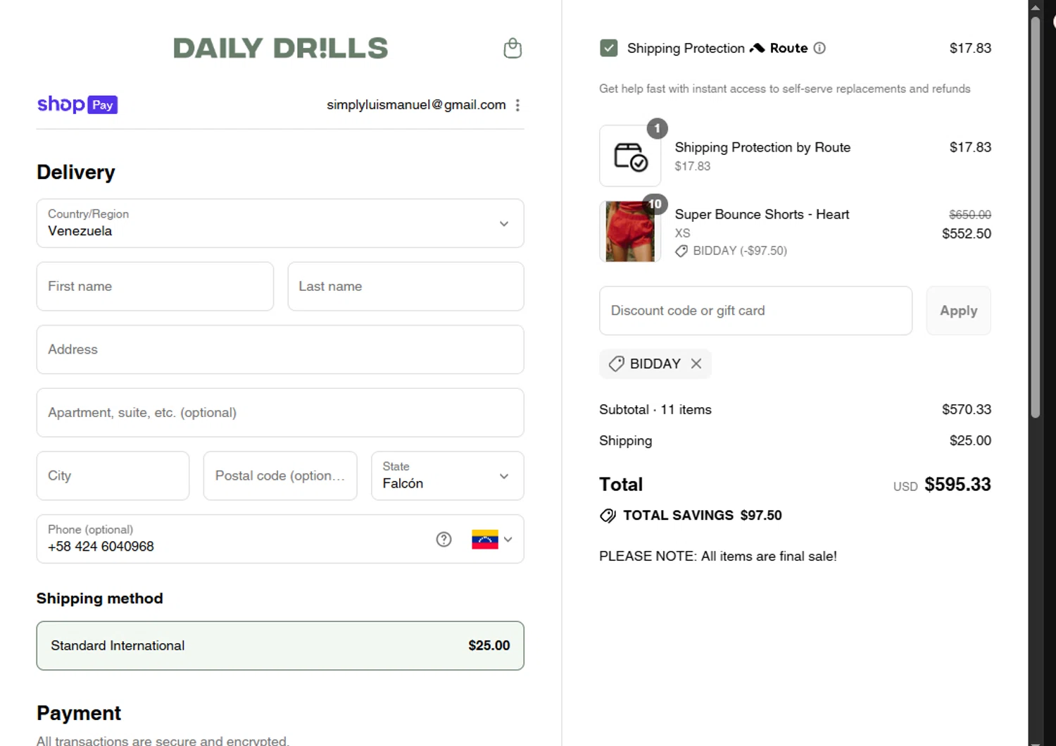Daily Drills discount code screenshot showing code BIDDAY applied at Daily Drills checkout page. Uploaded by SimplyCodes community member MoneyScout2554 on Jul 25, 2025