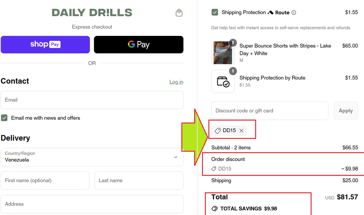 Daily Drills discount code screenshot showing code DD15 applied at Daily Drills checkout page. Uploaded by SimplyCodes community member kattylar on Aug 8, 2025