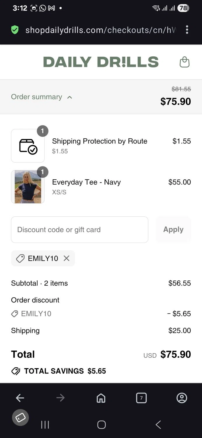 Daily Drills discount code screenshot showing code Emily10 applied at Daily Drills checkout page. Uploaded by SimplyCodes community member vida5254427716958 on Aug 23, 2025