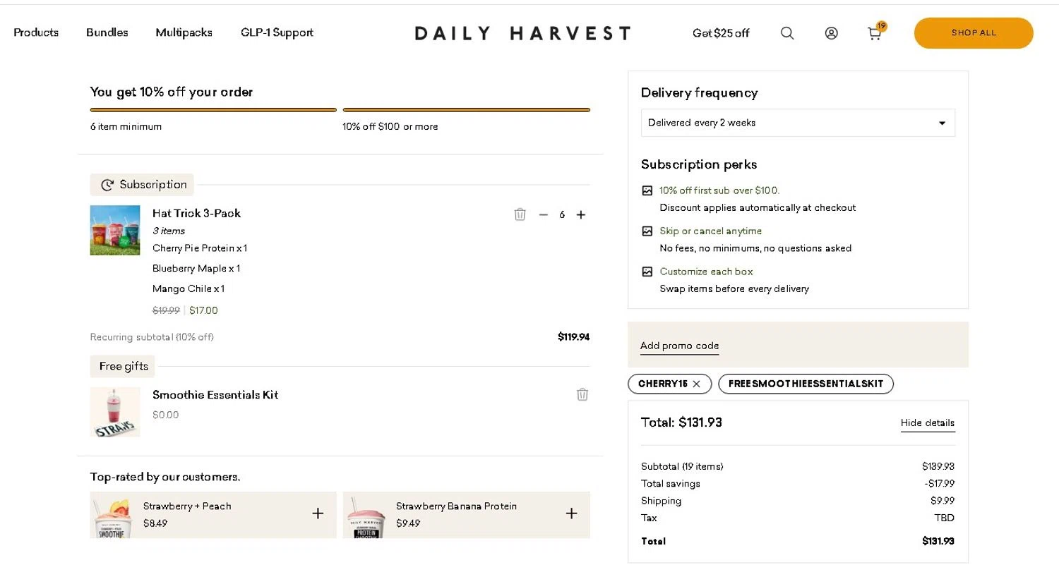 Daily Harvest promo code screenshot showing code CHERRY15 applied at Daily Harvest checkout page. Uploaded by SimplyCodes community member LAMINEJAMAL on Jun 18, 2026