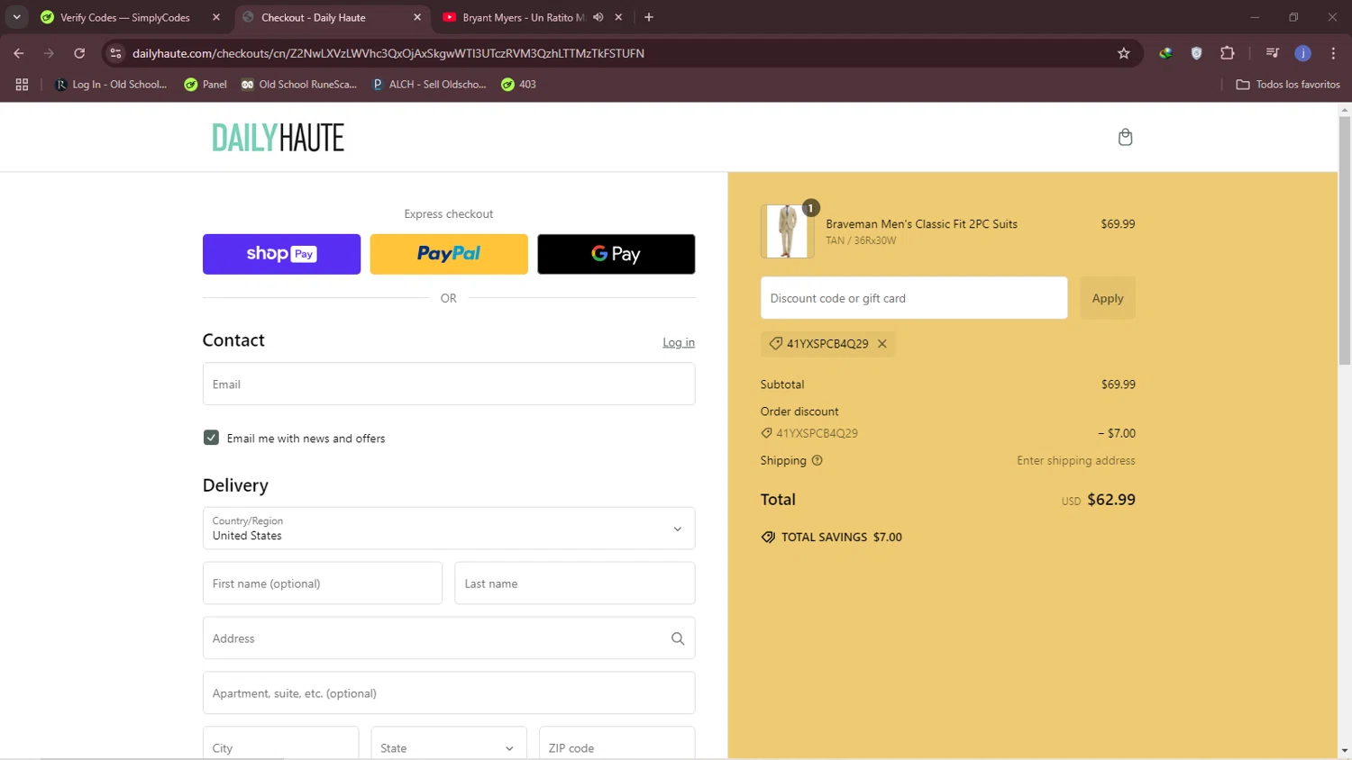 Daily Haute discount code screenshot showing code 41YXSPCB4Q29 applied at Daily Haute checkout page. Uploaded by SimplyCodes community member CouponOwl5049 on Jan 7, 2025